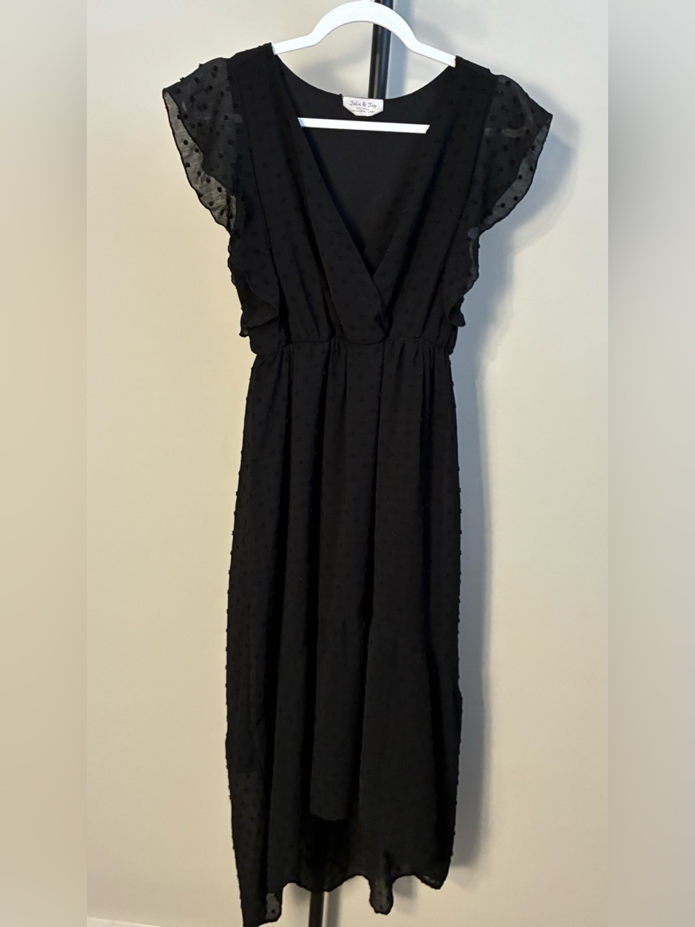 Jolie & Joy Black Swiss Dot V-Neck Midi Hi-lo Dress Flutter Sleeves Large